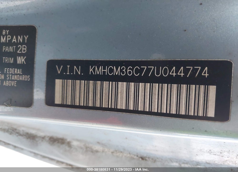 2007 HYUNDAI ACCENT GS VIN: KMHCM36C77U044774