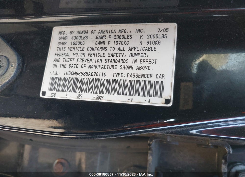 2005 HONDA ACCORD EX VIN: 1HGCM66585A076110