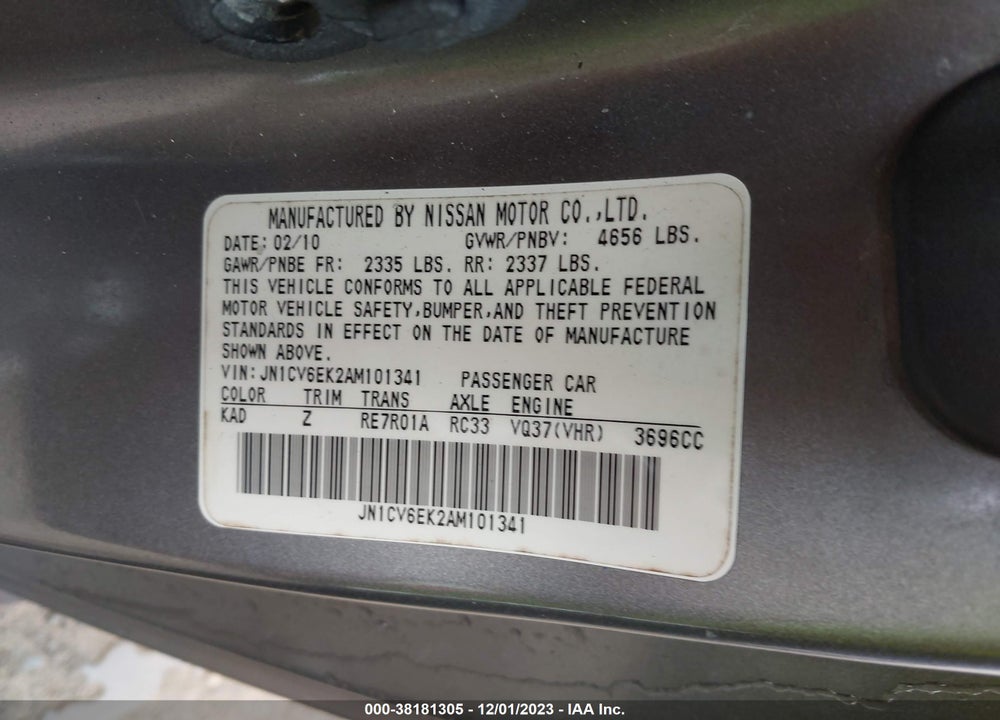 2010 INFINITI G37 ANNIVERSARY EDITION VIN: JN1CV6EK2AM101341