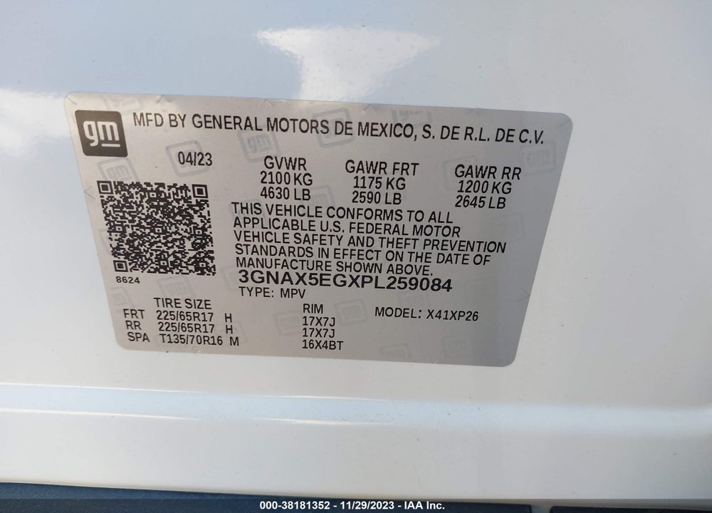 2023 CHEVROLET EQUINOX AWD 1FL VIN: 3GNAX5EGXPL259084