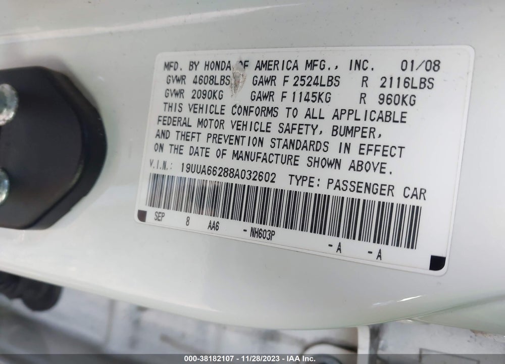 2008 ACURA TL 3.2 VIN: 19UUA66288A032602