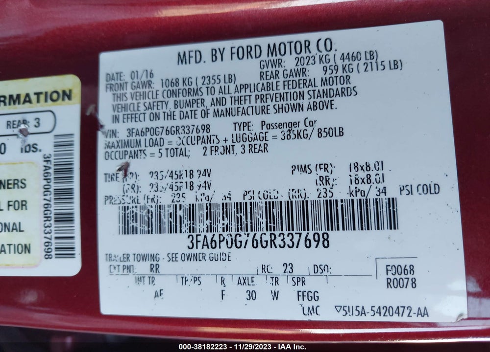 2016 FORD FUSION S VIN: 3FA6P0G76GR337698
