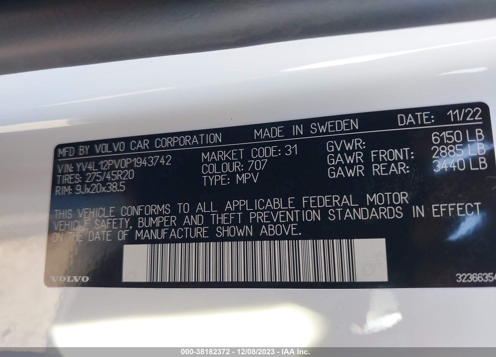 2023 VOLVO XC90 B5 CORE VIN: YV4L12PV0P1943742