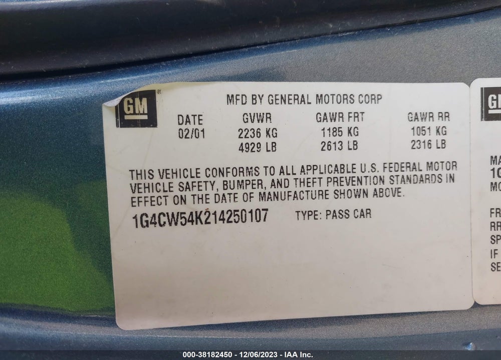2001 BUICK PARK AVENUE VIN: 1G4CW54K214250107