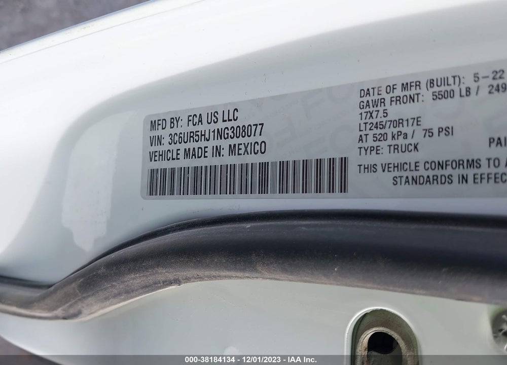 2022 RAM 2500 VIN: 3C6UR5HJ1NG308077