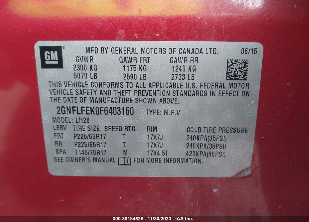 2015 CHEVROLET EQUINOX 1LT VIN: 2GNFLFEK0F6403160