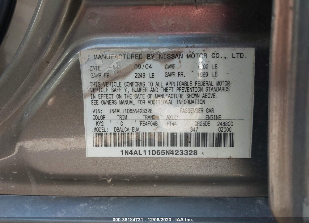 2005 NISSAN ALTIMA 2.5 S VIN: 1N4AL11D65N423328