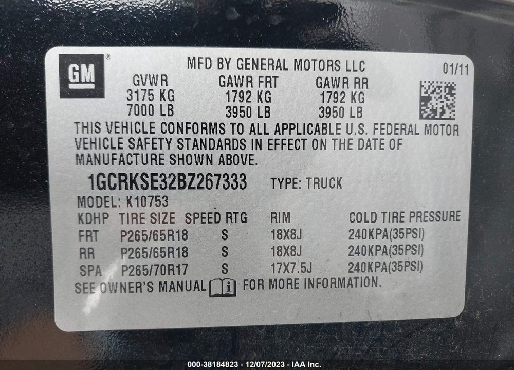 2011 CHEVROLET SILVERADO 1500 VIN: 1GCRKSE32BZ267333
