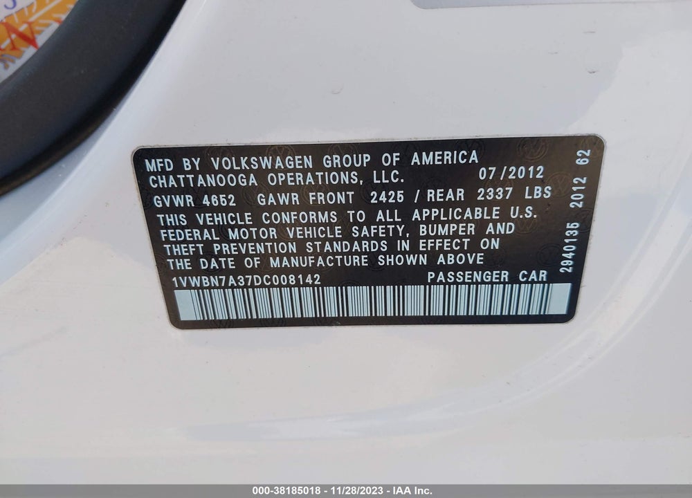 2013 VOLKSWAGEN PASSAT 2.0L TDI SE VIN: 1VWBN7A37DC008142