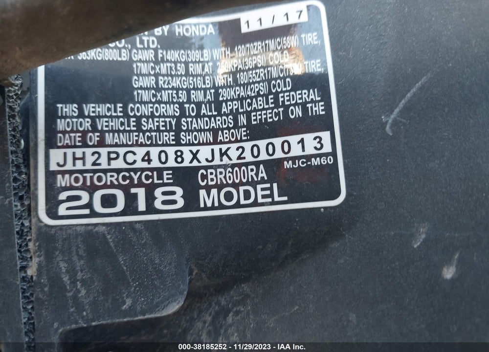2018 HONDA CBR600 RA VIN: JH2PC408XJK200013