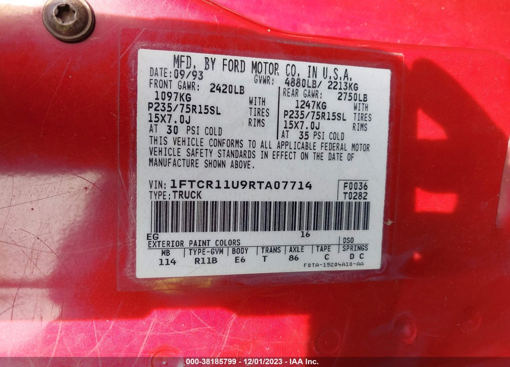 1994 FORD RANGER VIN: 1FTCR11U9RTA07714