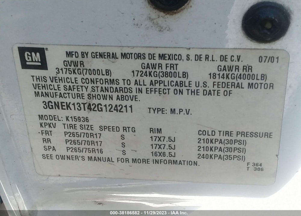 2002 CHEVROLET AVALANCHE VIN: 3GNEK13T42G124211