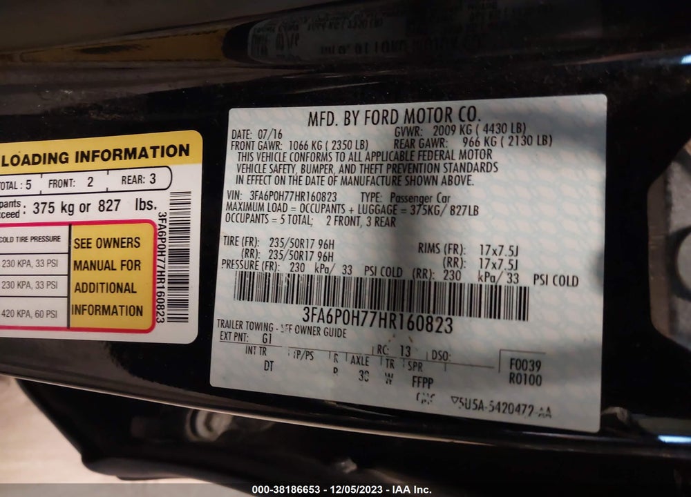 2017 FORD FUSION SE VIN: 3FA6P0H77HR160823
