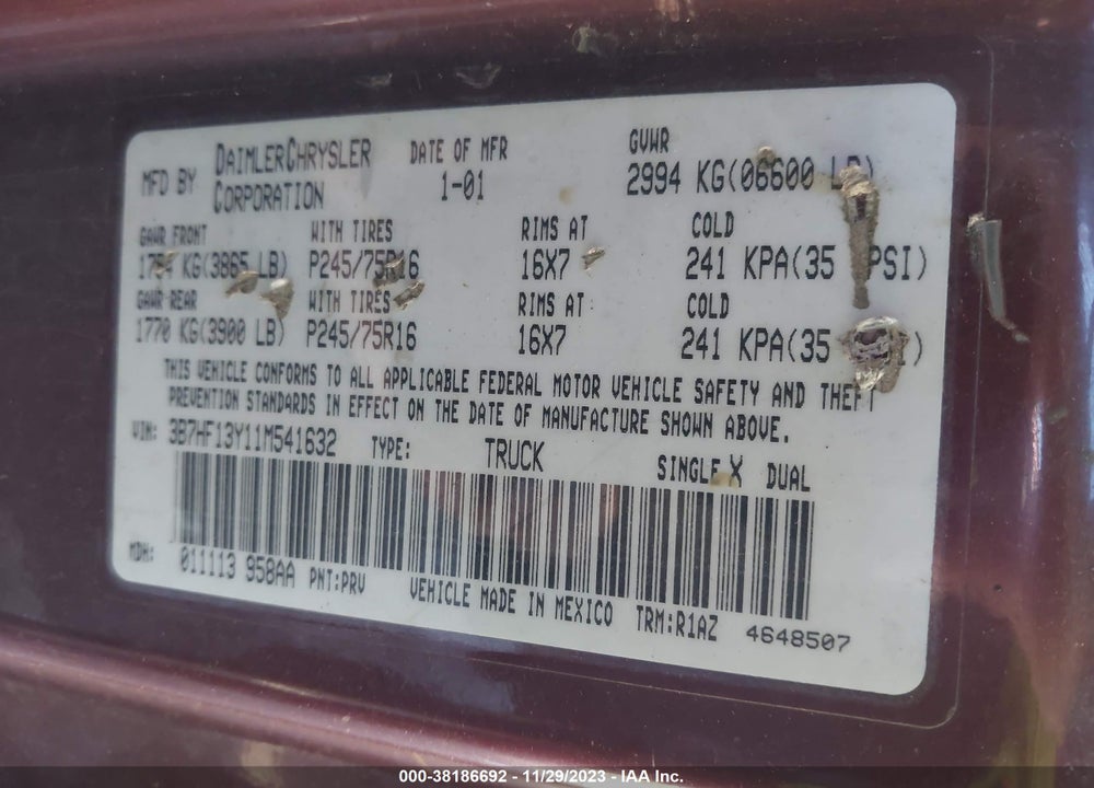 2001 DODGE RAM 1500 ST VIN: 3B7HF13Y11M541632