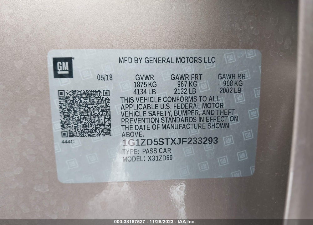 2018 CHEVROLET MALIBU LT VIN: 1G1ZD5STXJF233293