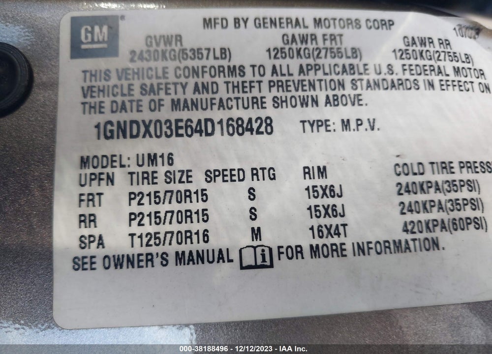 2004 CHEVROLET VENTURE LS VIN: 1GNDX03E64D168428