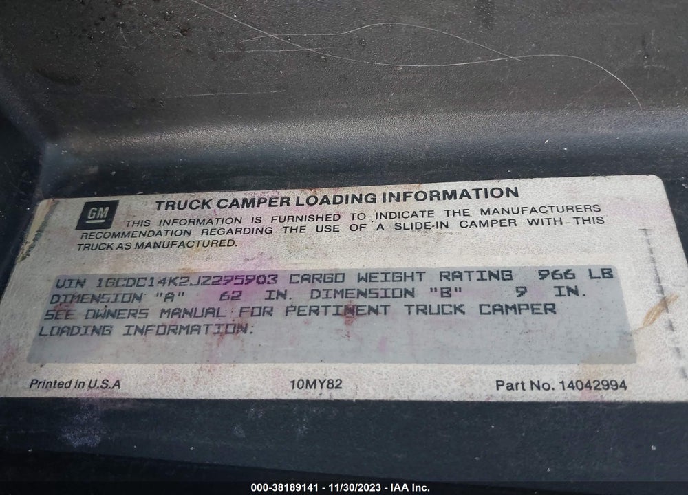 1988 CHEVROLET GMT-400 C1500 VIN: 1GCDC14K2JZ295903