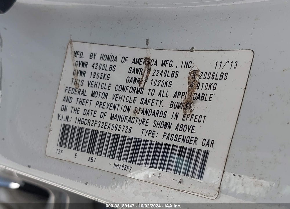 2014 HONDA ACCORD LX VIN: 1HGCR2F32EA095728