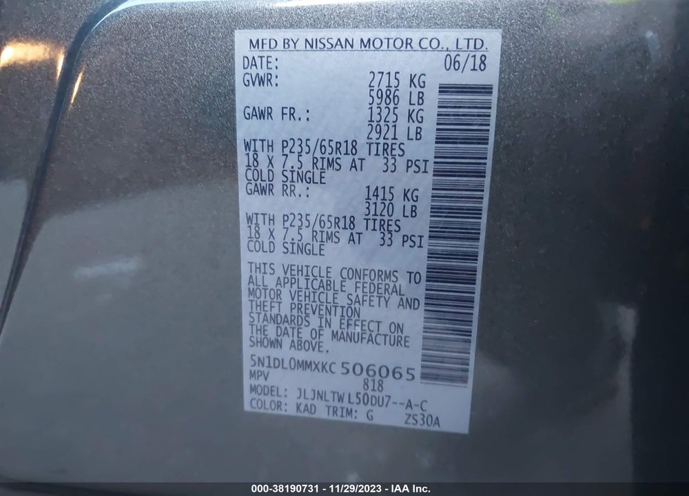 2019 INFINITI QX60 LUXE VIN: 5N1DL0MMXKC506065