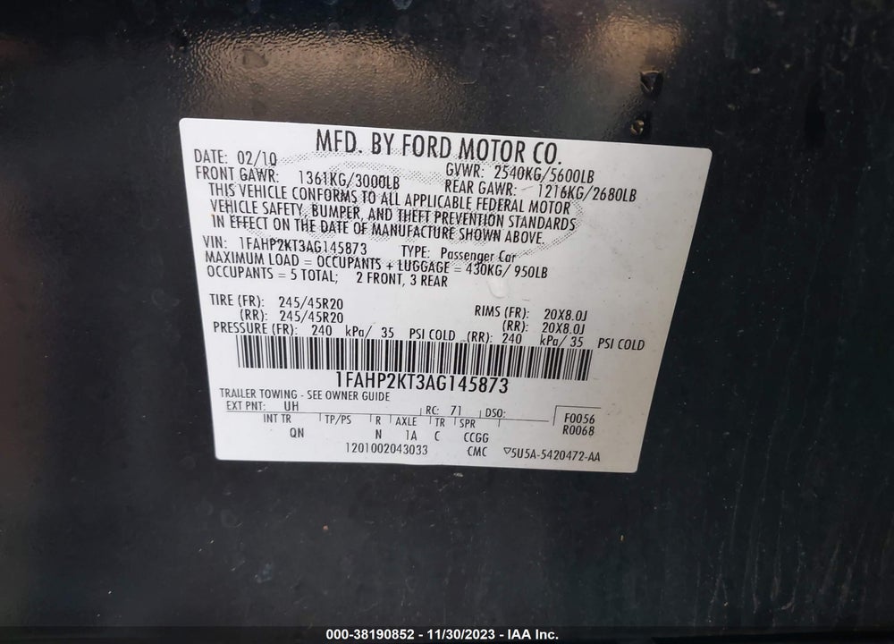2010 FORD TAURUS SHO VIN: 1FAHP2KT3AG145873