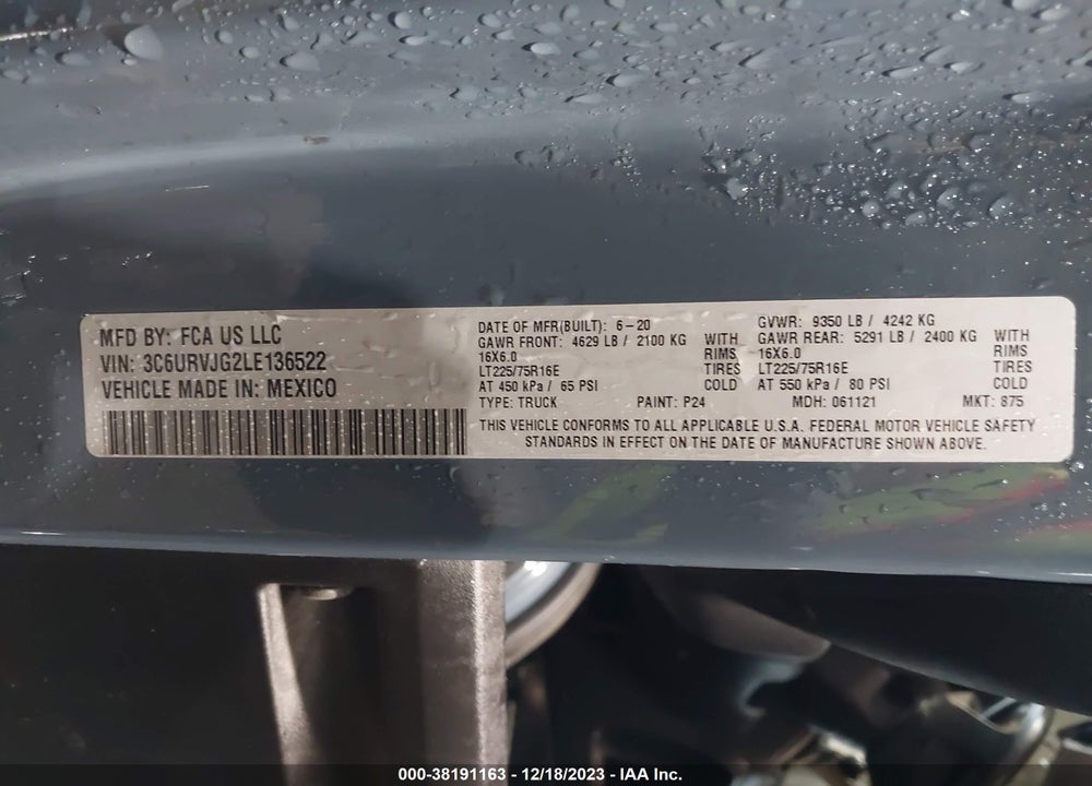 2020 RAM PROMASTER 3500 VIN: 3C6URVJG2LE136522