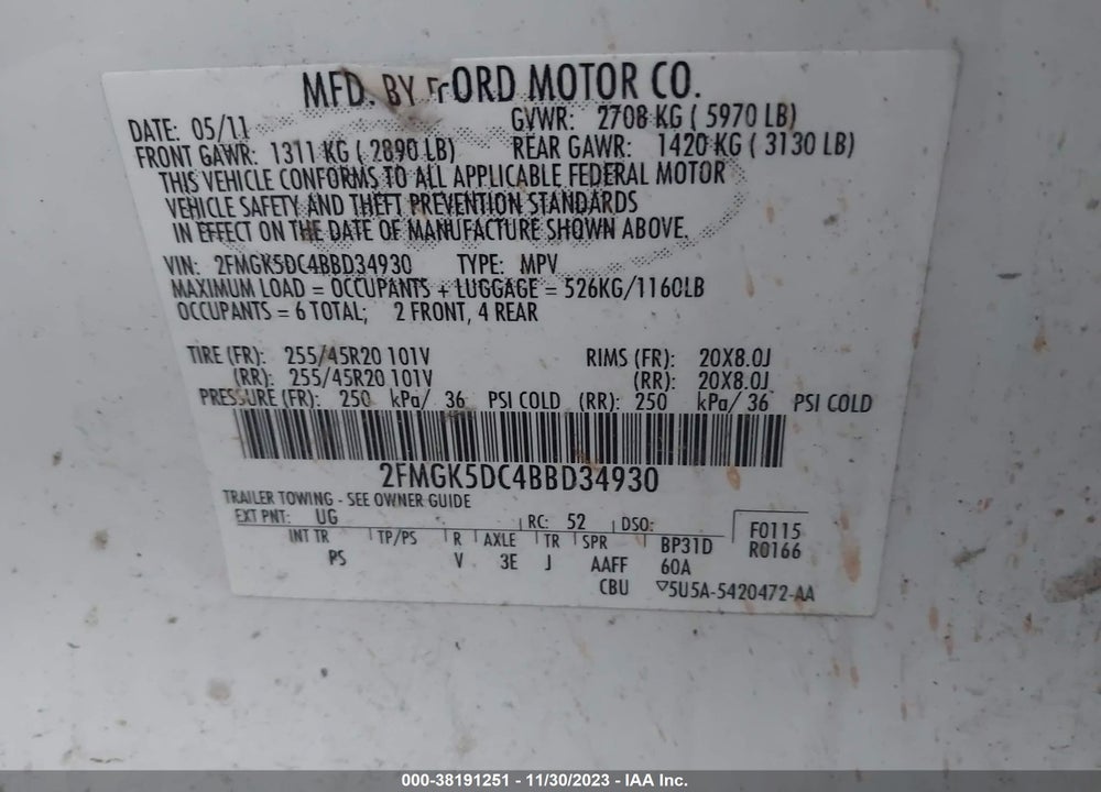 2011 FORD FLEX VIN: 2FMGK5DC4BBD34930