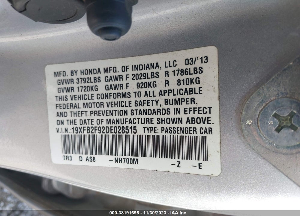 2013 HONDA CIVIC EX-L VIN: 19XFB2F92DE028515