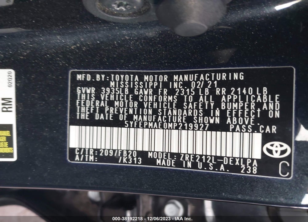 2021 TOYOTA COROLLA LE VIN: 5YFEPMAE0MP219927