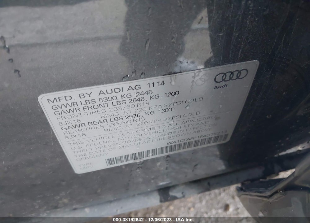 2015 AUDI Q5 PREMIUM VIN: WA1CFAFP1FA075213