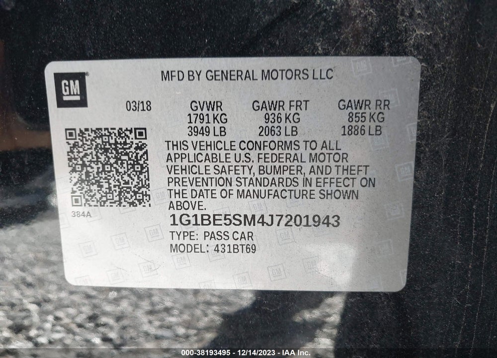 2018 CHEVROLET CRUZE LT AUTO VIN: 1G1BE5SM4J7201943