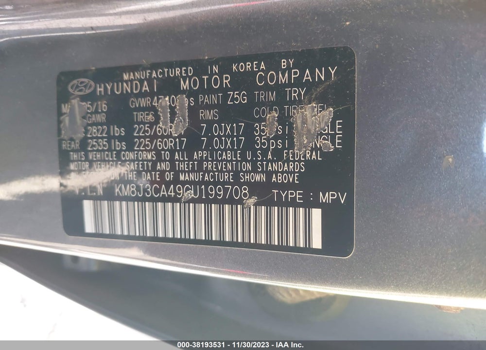 2016 HYUNDAI TUCSON SE VIN: KM8J3CA49GU199708