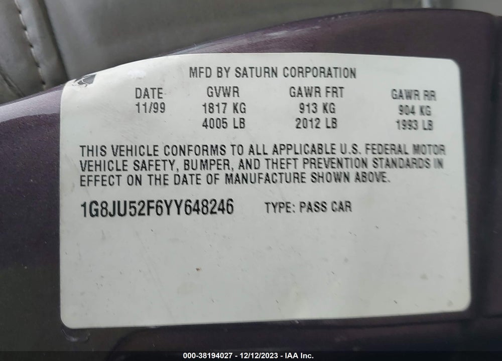 2000 SATURN LS1 VIN: 1G8JU52F6YY648246