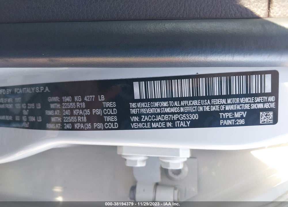 2017 JEEP RENEGADE LIMITED FWD VIN: ZACCJADB7HPG53300