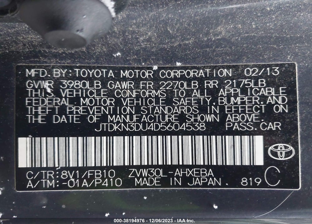 2013 TOYOTA PRIUS TWO VIN: JTDKN3DU4D5604538