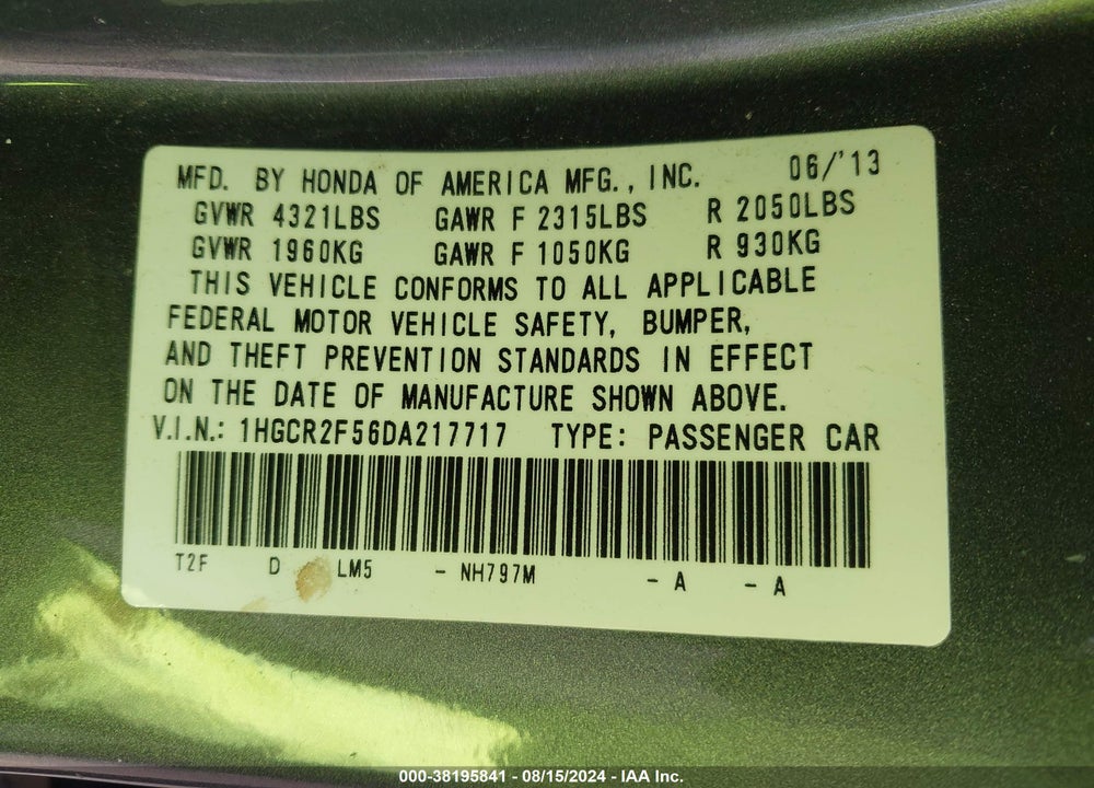 2013 HONDA ACCORD SPORT VIN: 1HGCR2F56DA217717