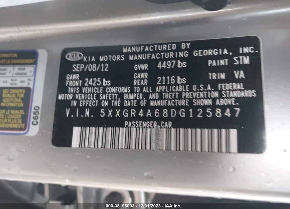 2013 KIA OPTIMA VIN: 5XXGR4A68DG125847