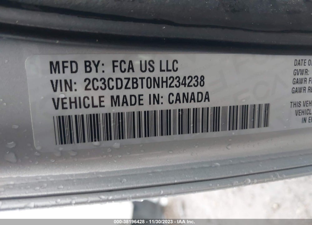 2022 DODGE CHALLENGER R/T VIN: 2C3CDZBT0NH234238