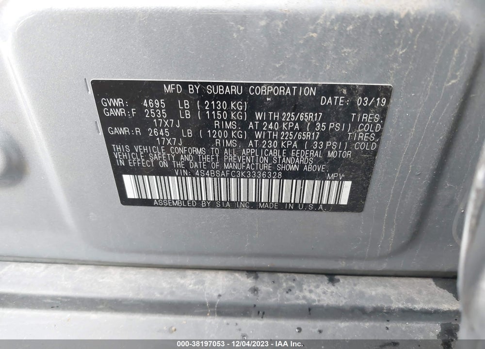 2019 SUBARU OUTBACK 2.5I PREMIUM VIN: 4S4BSAFC3K3336328