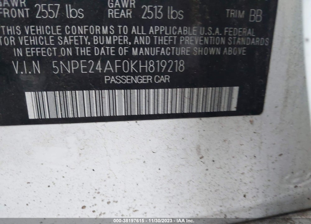 2019 HYUNDAI SONATA SE VIN: 5NPE24AF0KH819218