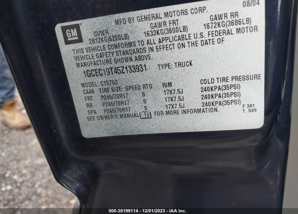 2005 CHEVROLET SILVERADO 1500 LT VIN: 1GCEC19T45Z133931