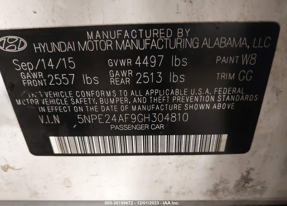 2016 HYUNDAI SONATA SE VIN: 5NPE24AF9GH304810