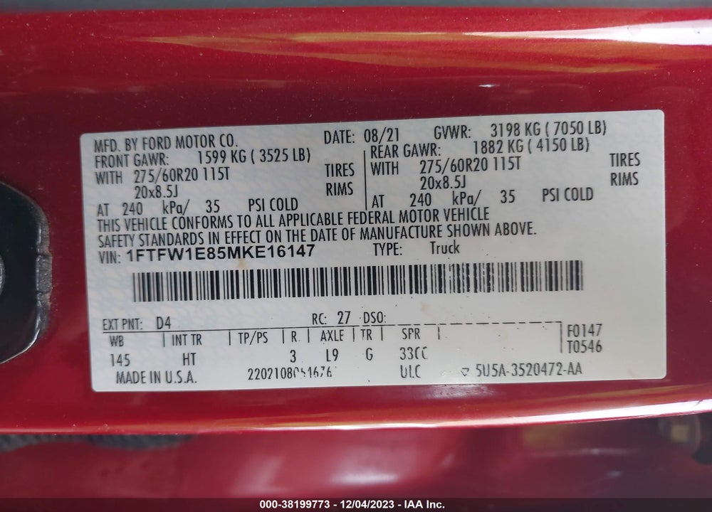 2021 FORD F-150 LARIAT VIN: 1FTFW1E85MKE16147