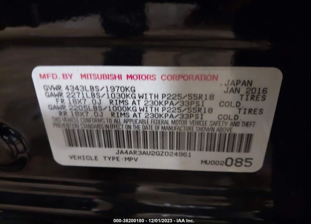 2016 MITSUBISHI OUTLANDER SPORT 2.0 ES VIN: JA4AR3AU2GZ024961