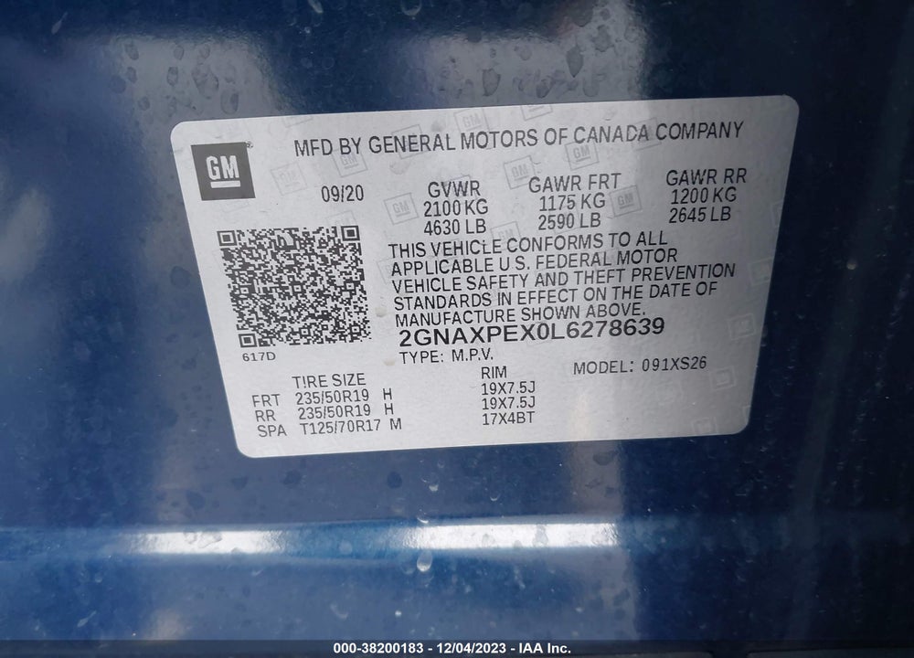 2020 CHEVROLET EQUINOX FWD PREMIER 2.0L TURBO VIN: 2GNAXPEX0L6278639
