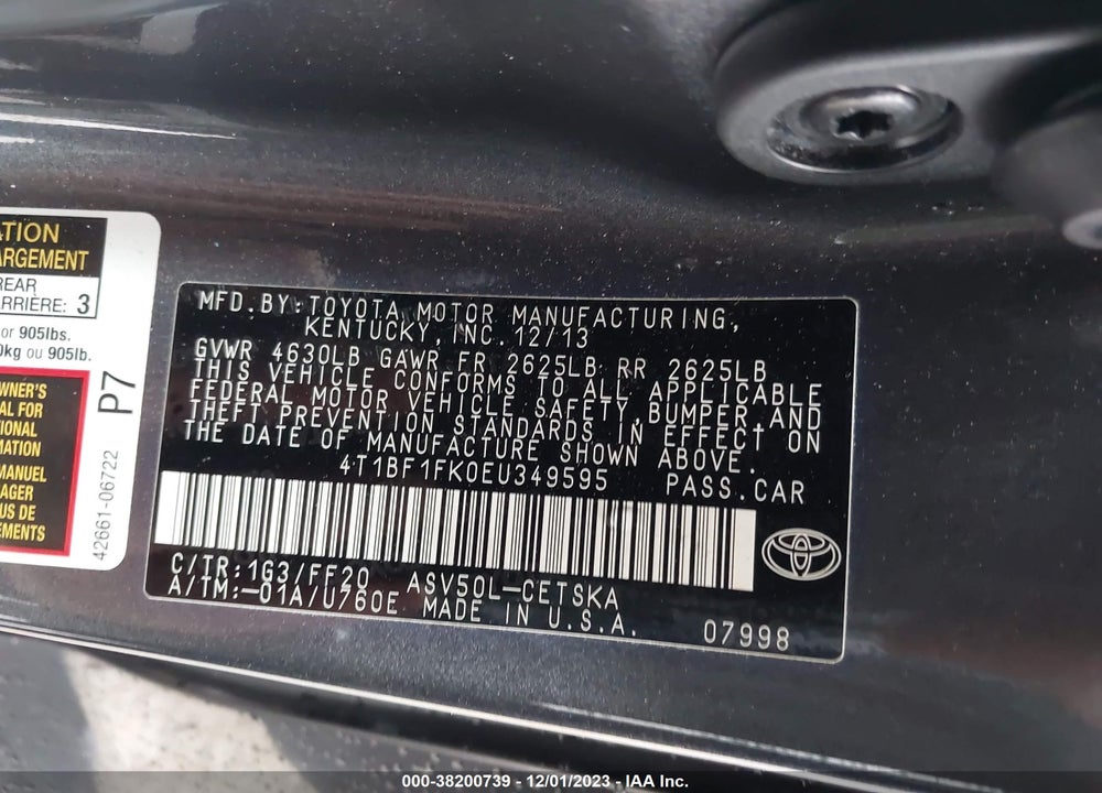 2014 TOYOTA CAMRY SE VIN: 4T1BF1FK0EU349595