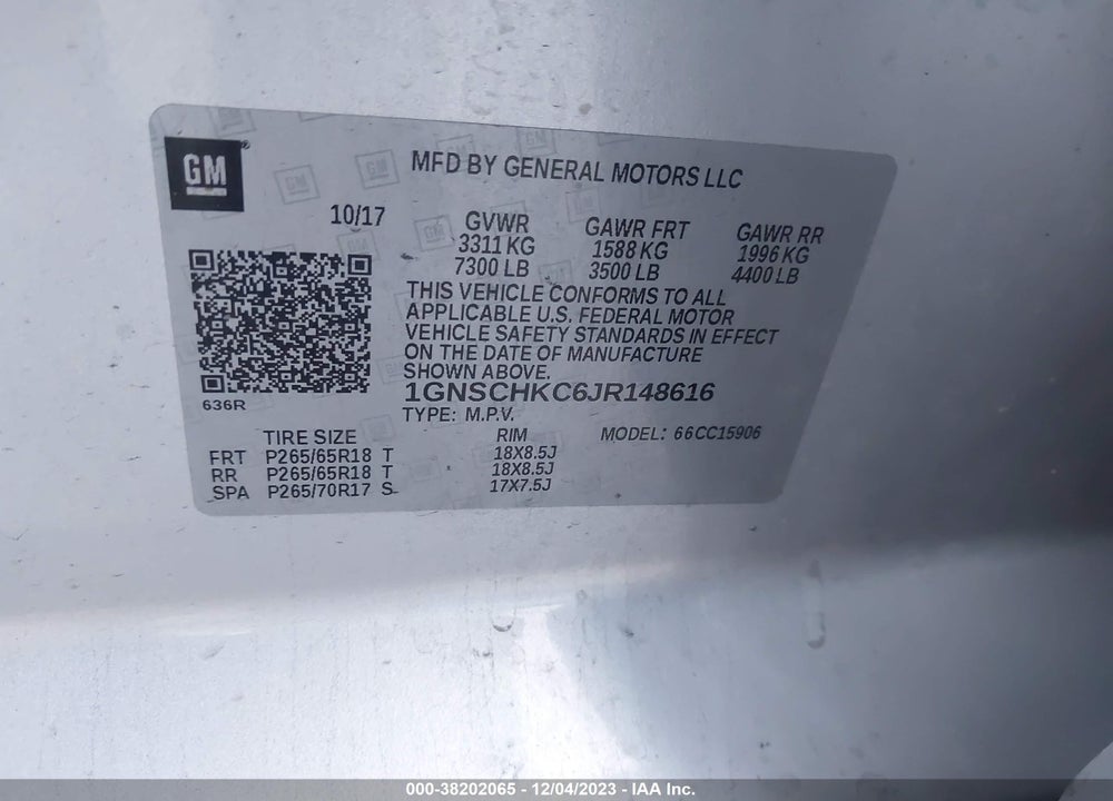 2018 CHEVROLET SUBURBAN LT VIN: 1GNSCHKC6JR148616