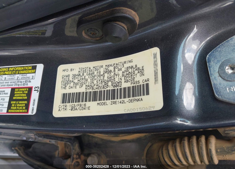 2013 TOYOTA COROLLA LE VIN: 5YFBU4EE8DP170062