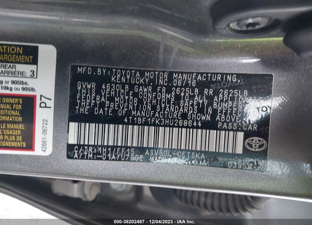 2017 TOYOTA CAMRY SE VIN: 4T1BF1FK3HU268644