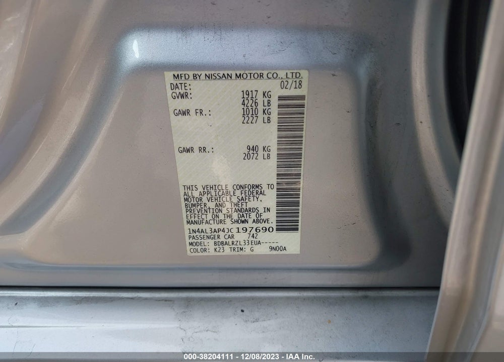 2018 NISSAN ALTIMA 2.5 SL VIN: 1N4AL3AP4JC197690