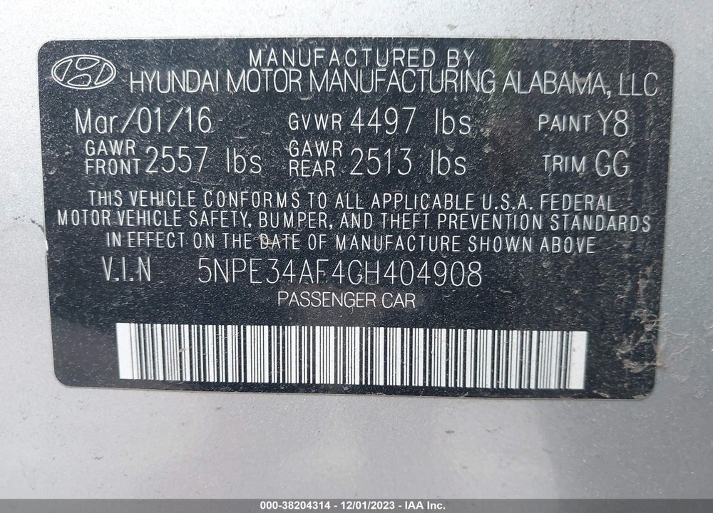2016 HYUNDAI SONATA VIN: 5NPE34AF4GH404908